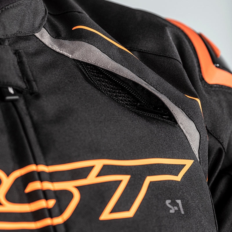        With its futuristic style, the S-1 textile jacket is a bold and vibrant take on protective motorcycling apparel, built to perform.  Made from robust MaxTex fabric, the jacket also features fixed mesh and SinAqua waterproof linings, a removable thermal lining and multiple intake and exhaust vents to protect you from all the elements.  Added to this are the motion panels on the back of the elbow and arm, along with cuff, sleeve and waist adjusters which offer a tailored fit.  Rated CE Level
