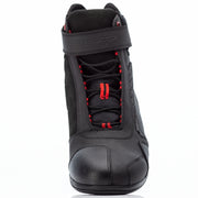 
This sneaker style boot has a flatter sole which is easier to walk around in. Made from heavy-duty microfibre and reinforced with a Ballistic fabric, the boot has integrated heel and ankle protection and a rubberised shift pad for enhanced comfort. 
For added security, the lace and hook & loop closure system also features a lace garage which tidily  secures the lace ends away, preventing the lace getting trapped around the bike. 
CE Certified : Yes 
Armour :  Heel Protection: Reinforced Coc