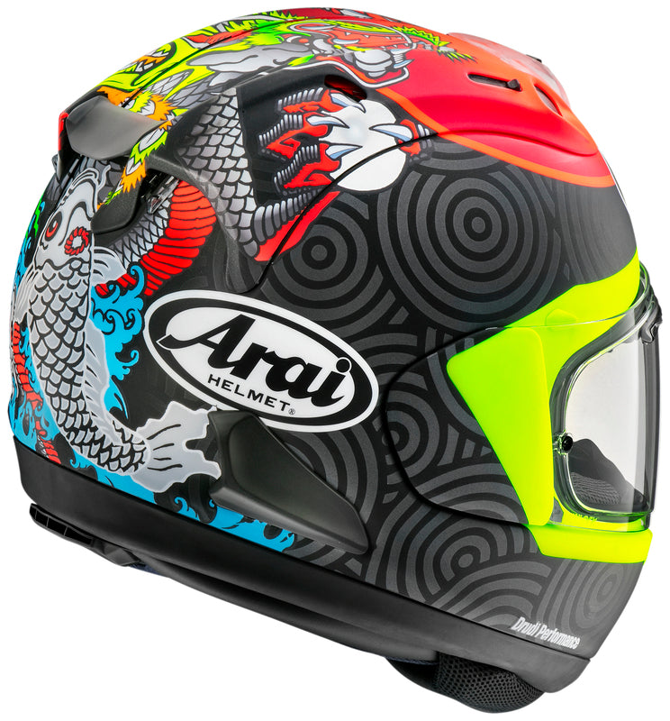 
The RX-7V EVO is an evolution of the RX-7V. Besides the change of homologation, it has several features and changes.

The RX-7V EVO will be certified to the new and more stringent ECE R22-06 regulation, while staying true to the core values of Arai of Rounder, Smoother andStronger for optimal Glancing Off performance.

The RX-7V EVO represents the summit of Arai’s knowledge, experience and know-how in helmet technology :

Different style cheek pads removable with hook at the back
The side ai