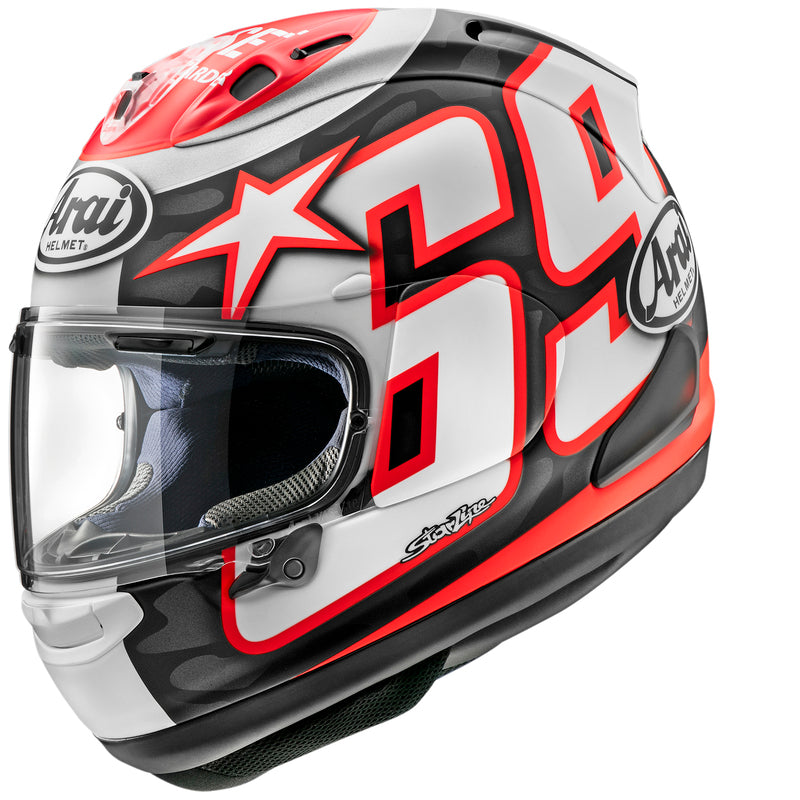 
The RX-7V EVO is an evolution of the RX-7V. Besides the change of homologation, it has several features and changes.

The RX-7V EVO will be certified to the new and more stringent ECE R22-06 regulation, while staying true to the core values of Arai of Rounder, Smoother andStronger for optimal Glancing Off performance.

The RX-7V EVO represents the summit of Arai’s knowledge, experience and know-how in helmet technology :

Different style cheek pads removable with hook at the back
The side ai