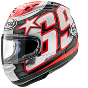 
The RX-7V EVO is an evolution of the RX-7V. Besides the change of homologation, it has several features and changes.

The RX-7V EVO will be certified to the new and more stringent ECE R22-06 regulation, while staying true to the core values of Arai of Rounder, Smoother andStronger for optimal Glancing Off performance.

The RX-7V EVO represents the summit of Arai’s knowledge, experience and know-how in helmet technology :

Different style cheek pads removable with hook at the back
The side ai