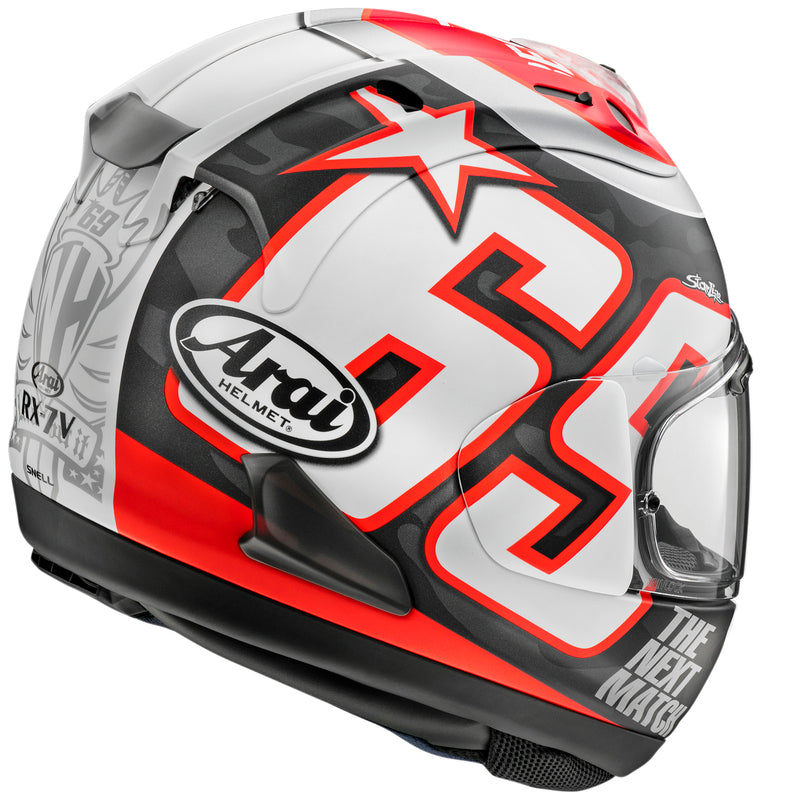 
The RX-7V EVO is an evolution of the RX-7V. Besides the change of homologation, it has several features and changes.

The RX-7V EVO will be certified to the new and more stringent ECE R22-06 regulation, while staying true to the core values of Arai of Rounder, Smoother andStronger for optimal Glancing Off performance.

The RX-7V EVO represents the summit of Arai’s knowledge, experience and know-how in helmet technology :

Different style cheek pads removable with hook at the back
The side ai