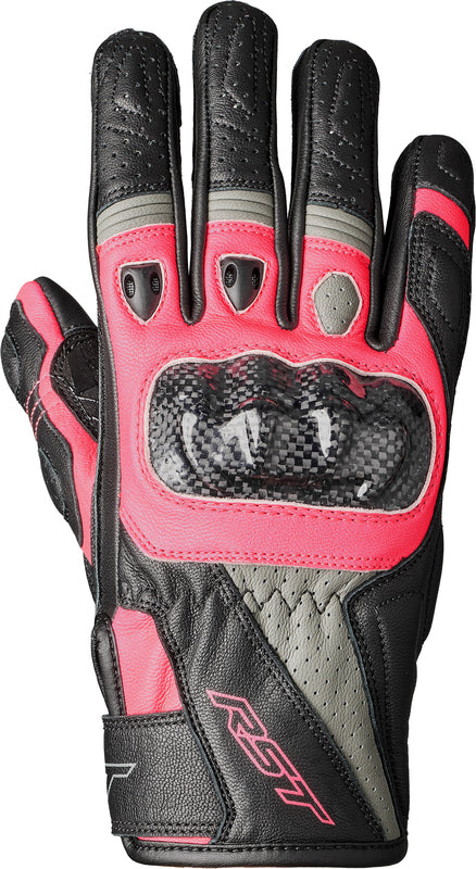 
An excellent combination with a ladies textile jacket, the ladies Stunt III is a mid-length, supremely comfortable glove. 
Armour  CE Certification Rating: Level 1 KP Knuckle Protector: Carbon  
Construction  Main Outer Material: Leather Inner Lining: Fixed Comfort Mesh Lining Ventilation: Perforated Leather Reinforcement: Double Layer Leather in Palm Outstitched Fingers: Yes Precurved Fingers: Yes Cuff Closure: Adjustable Velcro  
Styling  Palm: Silicone Power Grip Palm 