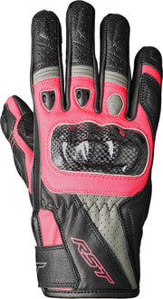 
An excellent combination with a ladies textile jacket, the ladies Stunt III is a mid-length, supremely comfortable glove. 
Armour  CE Certification Rating: Level 1 KP Knuckle Protector: Carbon  
Construction  Main Outer Material: Leather Inner Lining: Fixed Comfort Mesh Lining Ventilation: Perforated Leather Reinforcement: Double Layer Leather in Palm Outstitched Fingers: Yes Precurved Fingers: Yes Cuff Closure: Adjustable Velcro  
Styling  Palm: Silicone Power Grip Palm 