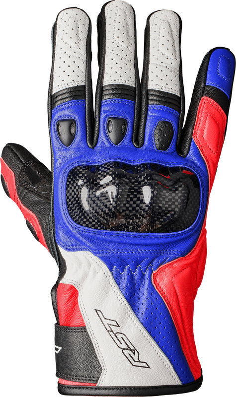 
An excellent combination with a textile jacket, the Stunt III is a mid-length, supremely comfortable glove. 
ARMOUR  CE Certification Rating: Level 1 KP Carbon knuckle Padded finger protection  
CONSTRUCTION  Outer: Full grain leather Polyester lining  
FEATURES & BENEFITS  Motion panels Double layer leather at palm Perforated leather Outstitched fingers Pre-curved fingers Hook & loop wrist closure  
FIT PROFILE  Road 