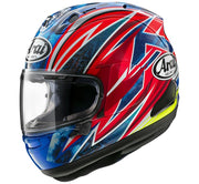 
The RX-7V EVO is an evolution of the RX-7V. Besides the change of homologation, it has several features and changes.

The RX-7V EVO will be certified to the new and more stringent ECE R22-06 regulation, while staying true to the core values of Arai of Rounder, Smoother andStronger for optimal Glancing Off performance.

The RX-7V EVO represents the summit of Arai’s knowledge, experience and know-how in helmet technology :

Different style cheek pads removable with hook at the back
The side ai