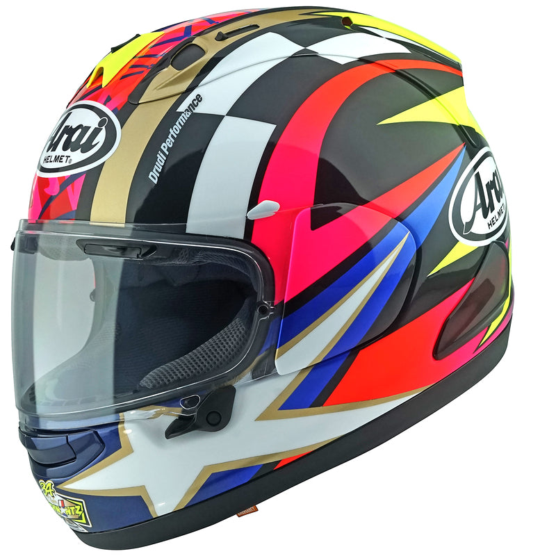 
The RX-7V EVO is an evolution of the RX-7V. Besides the change of homologation, it has several features and changes.

The RX-7V EVO will be certified to the new and more stringent ECE R22-06 regulation, while staying true to the core values of Arai of Rounder, Smoother and
Stronger for optimal Glancing Off performance.

The RX-7V EVO represents the summit of Arai’s knowledge, experience and know-how in helmet technology :

	Different style cheek pads removable with hook at the back
	The side