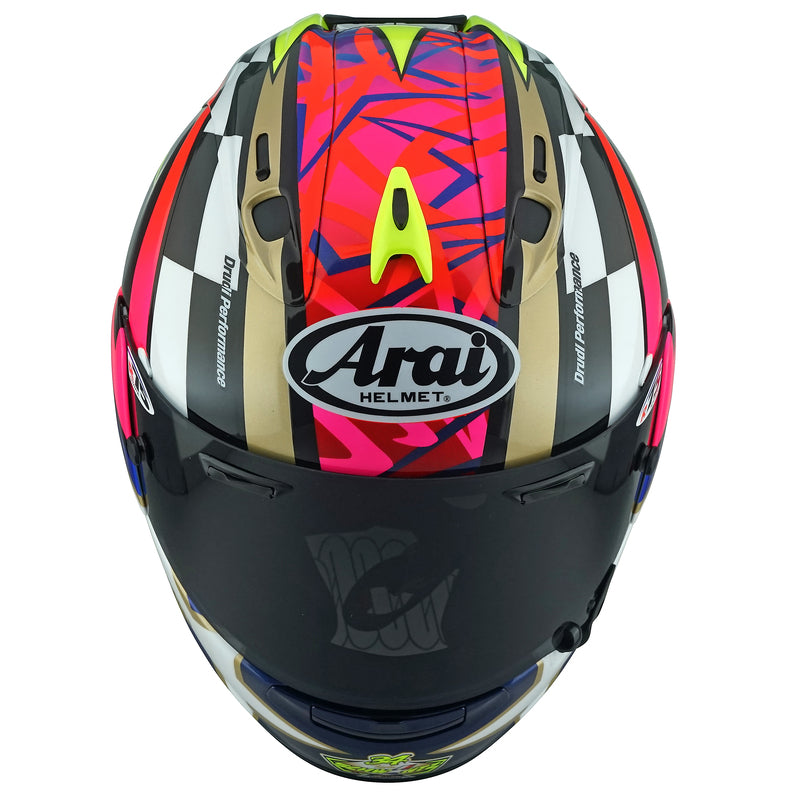 
The RX-7V EVO is an evolution of the RX-7V. Besides the change of homologation, it has several features and changes.

The RX-7V EVO will be certified to the new and more stringent ECE R22-06 regulation, while staying true to the core values of Arai of Rounder, Smoother and
Stronger for optimal Glancing Off performance.

The RX-7V EVO represents the summit of Arai’s knowledge, experience and know-how in helmet technology :

	Different style cheek pads removable with hook at the back
	The side