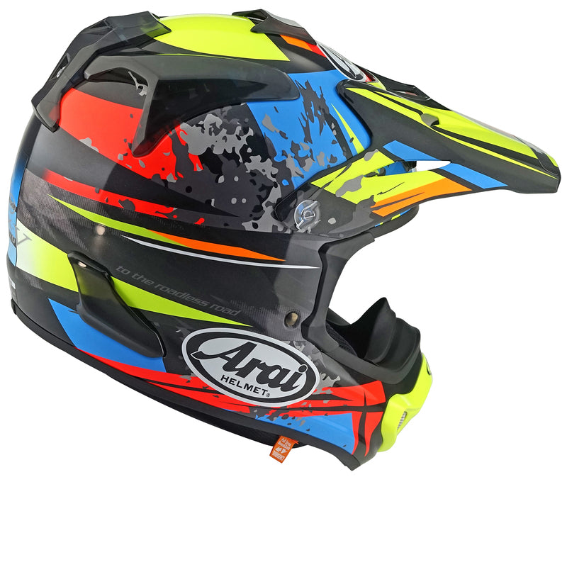 
MX-V EVO

	Arai’s ultimate off-road helmet gains ECE R22-06 approval
	No significant changes required thanks to Arai’s Priority for Protection: the core design philosophy of creating rounder, smoother and stronger outer shells combined with a one-piece multi-density EPS liner that work together to improve ‘Glancing Off’ performance.



The MX-V evolved from the legendary VX-3 and years of Arai’s competition experience can be found in its ultimate MX, Enduro and off-road use helmet. And, while