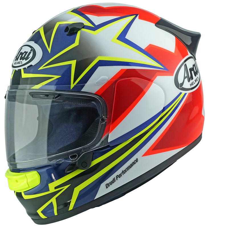 
The new Arai Quantic – as the mathematical definition describes – draws together in harmony the qualities and design elements found in helmets throughout the Arai range, while adding fresh features all of its own.

The Quantic offers a new choice for riders that want the very best helmet – in terms of protection, performance, comfort and ease of wear – without compromise. Using the aerodynamic and protective abilities of Arai’s full-race helmets, and all the experience and know-how earned over