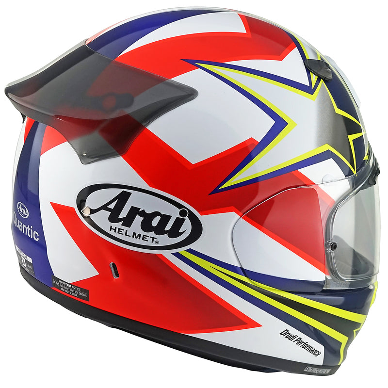 
The new Arai Quantic – as the mathematical definition describes – draws together in harmony the qualities and design elements found in helmets throughout the Arai range, while adding fresh features all of its own.

The Quantic offers a new choice for riders that want the very best helmet – in terms of protection, performance, comfort and ease of wear – without compromise. Using the aerodynamic and protective abilities of Arai’s full-race helmets, and all the experience and know-how earned over