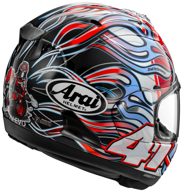 
The RX-7V EVO is an evolution of the RX-7V. Besides the change of homologation, it has several features and changes.

The RX-7V EVO will be certified to the new and more stringent ECE R22-06 regulation, while staying true to the core values of Arai of Rounder, Smoother, and Stronger for optimal Glancing Off performance.

The RX-7V EVO represents the summit of Arai’s knowledge, experience, and know-how in helmet technology:

Different style cheek pads removable with hook at the back
The side 