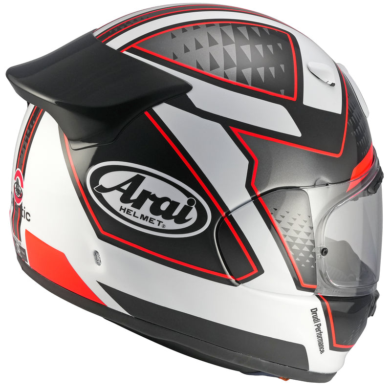 
The new Arai Quantic – as the mathematical definition describes – draws together in harmony the qualities and design elements found in helmets throughout the Arai range, while adding fresh features all of its own.

The Quantic offers a new choice for riders that want the very best helmet – in terms of protection, performance, comfort and ease of wear – without compromise. Using the aerodynamic and protective abilities of Arai’s full-race helmets, and all the experience and know-how earned over