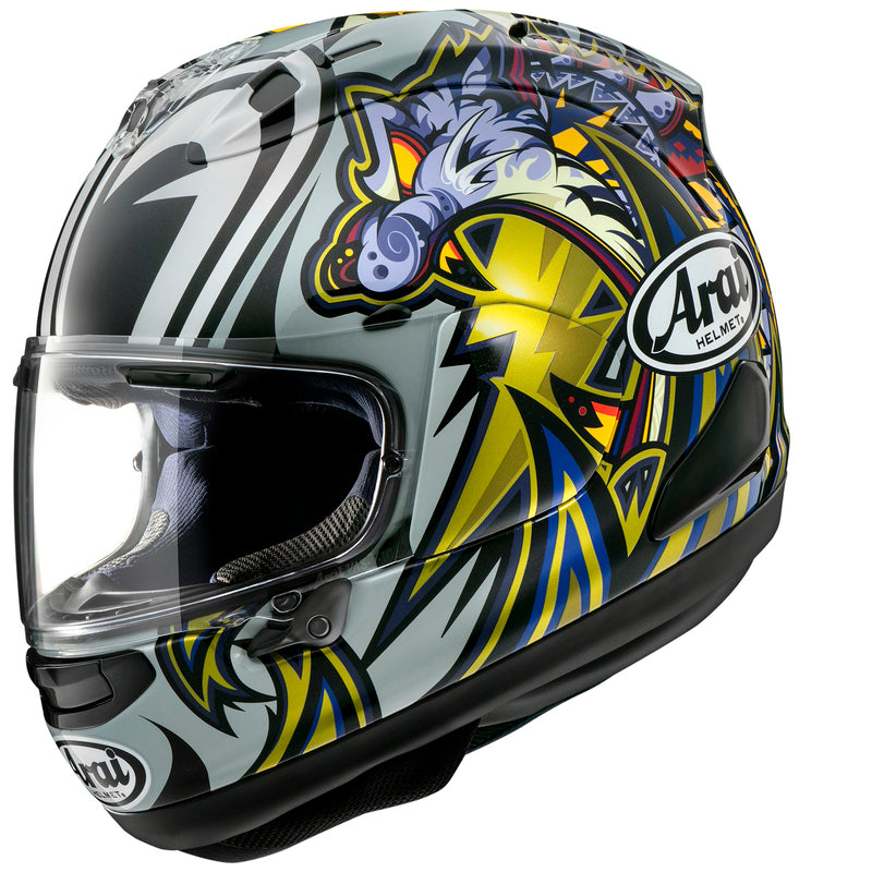 
The RX-7V EVO is an evolution of the RX-7V. Besides the change of homologation, it has several features and changes.

The RX-7V EVO will be certified to the new and more stringent ECE R22-06 regulation, while staying true to the core values of Arai of Rounder, Smoother, and Stronger for optimal Glancing Off performance.

The RX-7V EVO represents the summit of Arai’s knowledge, experience, and know-how in helmet technology:

Different style cheek pads removable with hook at the back
The side 