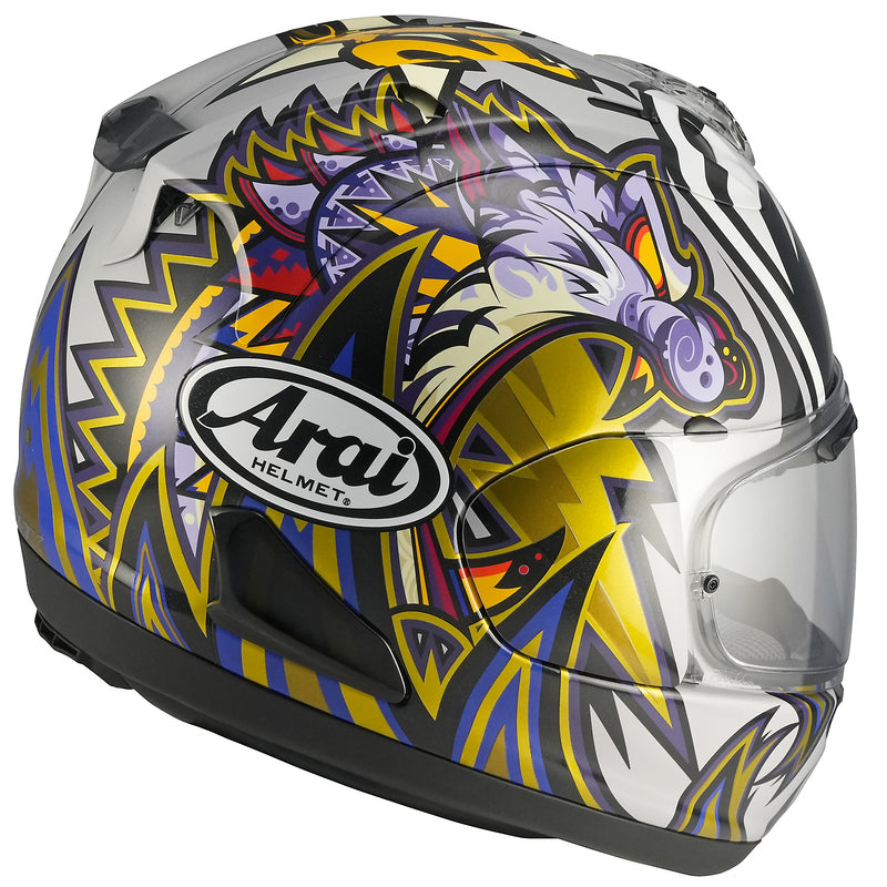 
The RX-7V EVO is an evolution of the RX-7V. Besides the change of homologation, it has several features and changes.

The RX-7V EVO will be certified to the new and more stringent ECE R22-06 regulation, while staying true to the core values of Arai of Rounder, Smoother, and Stronger for optimal Glancing Off performance.

The RX-7V EVO represents the summit of Arai’s knowledge, experience, and know-how in helmet technology:

Different style cheek pads removable with hook at the back
The side 