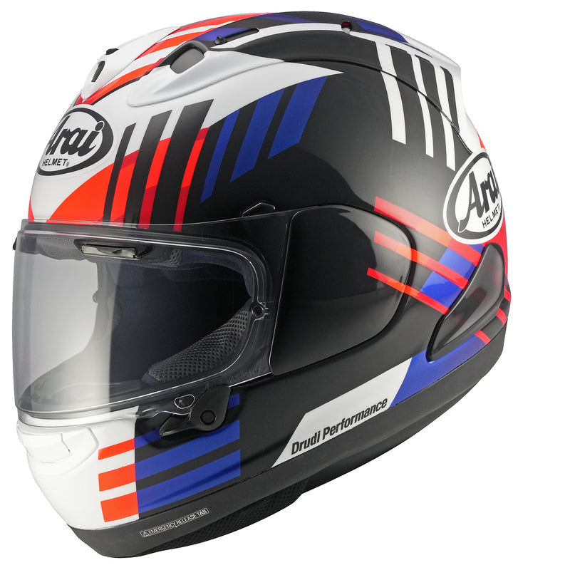 
The RX-7V EVO is an evolution of the RX-7V. Besides the change of homologation, it has several features and changes.

The RX-7V EVO will be certified to the new and more stringent ECE R22-06 regulation, while staying true to the core values of Arai of Rounder, Smoother, and Stronger for optimal Glancing Off performance.

The RX-7V EVO represents the summit of Arai’s knowledge, experience, and know-how in helmet technology:

Different style cheek pads removable with hook at the back
The side 