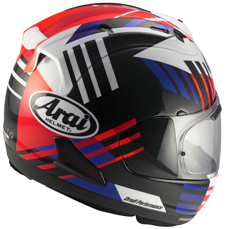 
The RX-7V EVO is an evolution of the RX-7V. Besides the change of homologation, it has several features and changes.

The RX-7V EVO will be certified to the new and more stringent ECE R22-06 regulation, while staying true to the core values of Arai of Rounder, Smoother, and Stronger for optimal Glancing Off performance.

The RX-7V EVO represents the summit of Arai’s knowledge, experience, and know-how in helmet technology:

Different style cheek pads removable with hook at the back
The side 