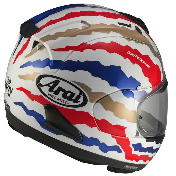 
The RX-7V EVO is an evolution of the RX-7V. Besides the change of homologation, it has several features and changes.

The RX-7V EVO will be certified to the new and more stringent ECE R22-06 regulation, while staying true to the core values of Arai of Rounder, Smoother, and Stronger for optimal Glancing Off performance.

The RX-7V EVO represents the summit of Arai’s knowledge, experience, and know-how in helmet technology:

Different style cheek pads removable with hook at the back
The side 