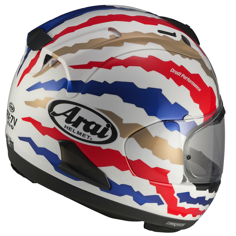 
The RX-7V EVO is an evolution of the RX-7V. Besides the change of homologation, it has several features and changes.

The RX-7V EVO will be certified to the new and more stringent ECE R22-06 regulation, while staying true to the core values of Arai of Rounder, Smoother, and Stronger for optimal Glancing Off performance.

The RX-7V EVO represents the summit of Arai’s knowledge, experience, and know-how in helmet technology:

Different style cheek pads removable with hook at the back
The side 