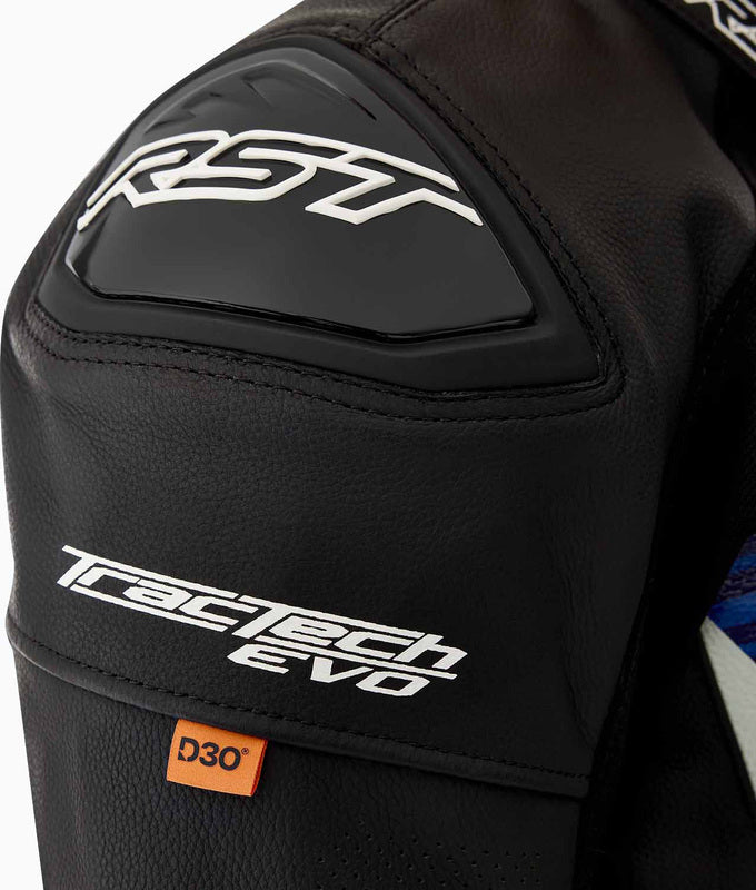 
The latest generation of RST's legendary Tractech Evo leather jacket and pants combination is upgraded for 2026 with D30 armour throughout.

Ergonomic enhancements and the practicality of a removable thermal lining and the universal connection zip make the Tractech Evo jacket and pants the ultimate two-piece combination for track or fast road riding.
ARMOUR

CE Certification Rating: AAA
Back: Pocket Only
Shoulder: D30 Level 2
Elbow: D30 Level 2
Chest: Pocket Only

CONSTRUCTION

Outer 1: Premi